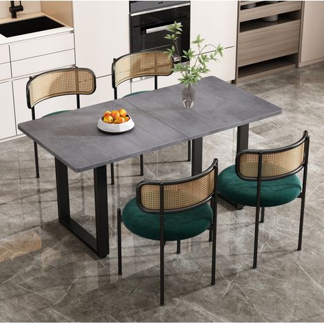 Sedie da pranzo set da 4, velluto verde, schienale in rattan e gambe in metallo HAVRYA (1/5)