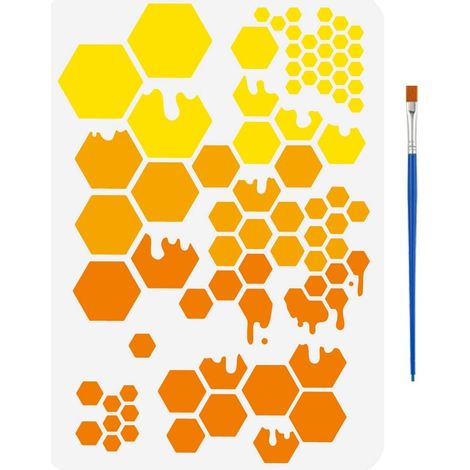 Pochoir en Nid D'Abeille pour Peinture 21X29.7cm Avec Pinceau Modèle de Dessin Décoratif Moitié Abeille Moitié Nid D'Abeille Pochoir à Motif Hexagonal en Miel Modèle à Thème (1/5)
