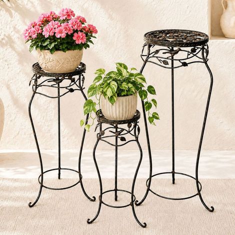 Blumenhocker Metall Schwarz Rund 3er Set 52 cm / 65 cm / 78 cm Blumenständer 18215 Blumensäule Antik Pflanzenständer Pflanzenhocker Vintage