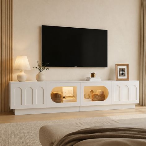 TV-Lowboard 200 × 35 × 42 cm, weißes MDF, App-gesteuerte LED, Stauraum – MEUBLIV (1/5)