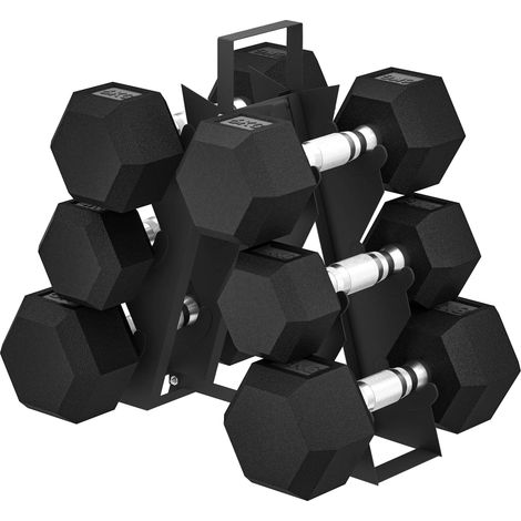 Ensemble d'Haltères Hexagonaux avec Support, Haltères Revêtus de Caoutchouc, Poignées Antidérapantes en Chrome, Noir (1/5)