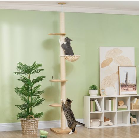 Arbre à chat plafond 230-250 cm en sisal, anti-basculement, bois naturel DESVIAE (1/5)