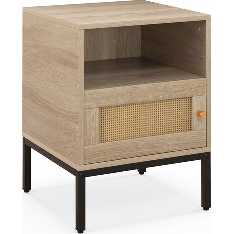 Table d'appoint naturelle en rotin avec étagère ouverte et placard 1 porte, pieds métal et patins réglables pour salon et chambre (1/5)