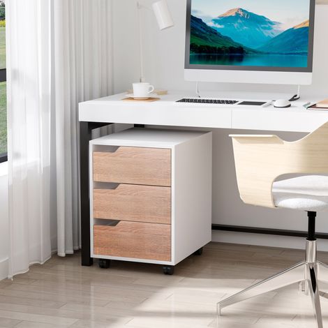 Commode en MDF à 3 tiroirs et roulettes, idéale pour le bureau ou la pièce d'étude, blanche et bois, 40 x 50 x 57,5 cm (1/5)