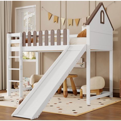 Cama alta de madera maciza y MDF blanco y madera natural 90x200 cm con tobogán, escalera recta y barandillas (1/5)