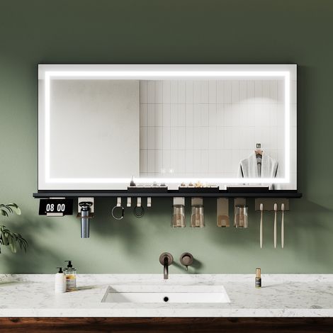 ELEGANT Modern Bathroom LED Mirrors with Anti-Fog Black Storage Shelf and Dimmable 3-Color Lighting, 1200x600mm