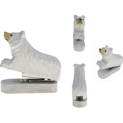 Agrafeuse miniature en bois sculpté à la main, représentant un animal de dessin animé (ours polaire), idéale pour l'école, le bureau ou comme cadeau de Noël pour les enfants. (1/4)