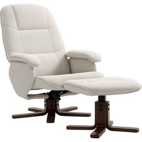Beige Linen Swivel Recliner Chair with Footstool,Upholstered Armchair with Wooden Base for Living Room Comfort