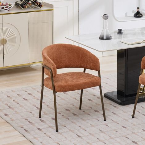 Sedia da sala da pranzo - 57x54x80 cm - Poltrona in ciniglia con braccioli e gambe in ottone - Arancione (1/5)