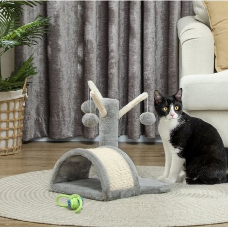 CHICFURN Tiragraffi per gatti 38 x 38 x 40 cm con cuccia, sisal e giochi sospesi, grigio chiaro (1/5)