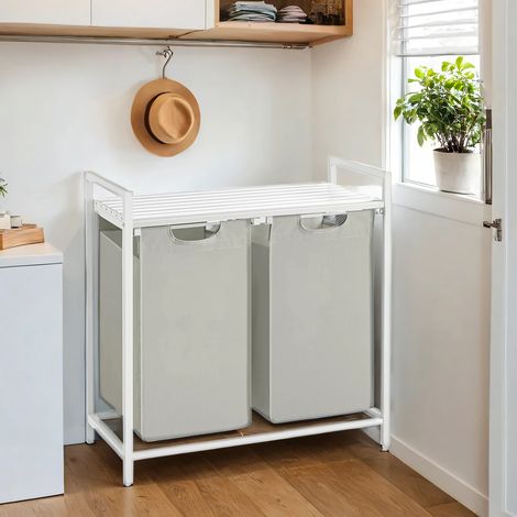 Panier à Linge, 2 x 46L, 73 x 33 x 72 cm, Étagère, 2 Compartiments, 2 Sacs Amovibles, Cadre en Métal, Blanc (1/5)