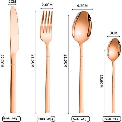 Couverts en acier inoxydable, coffret chevalier 24 pièces, 4 pièces principales, couverts à steak doré, style épuré (1/3)