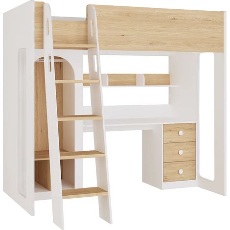 Letto a soppalco 90 x 190 cm con armadio e scrivania Naturale e bianco - ALVENOU (1/5)