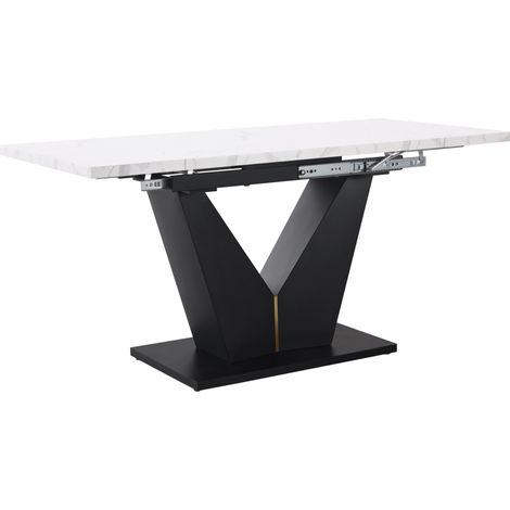 Mesa de comedor extensible 99-159x75x75 cm MDF blanco con base en V y guías metálicas (1/5)