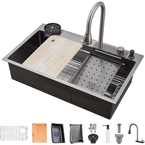 Évier de cuisine cascade, Évier en acier inoxydable T304, Évier de cuisine multifonctionnel 86 x 50 cm, Évier à encastrer, Évier avec robinet multifonctionnel et divers accessoires (86X50CM) (1/5)
