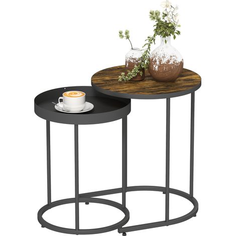 HOMCOM Nesting Side Table Set of 2, Industrial Round Nest of Tables, Brown