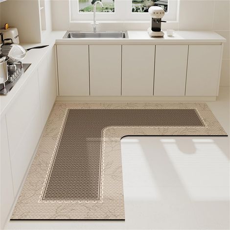 Non-slip Absorbent Diatomite Kitchen Mat - L-Shaped, Washable for Bath, Dishes and Shower (100x45cm, Vintage Flower) (1/5)