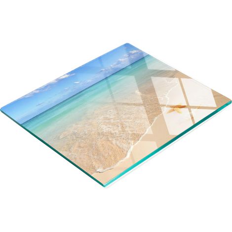 Tablero de vidrio elegante y resistente con estampado de estrella de mar en la playa, 60x52 cm.
