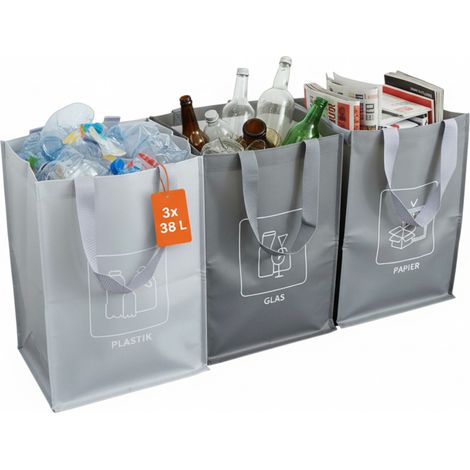 Mülltrennsystem Taschen mit Transportgriffen wiederverwendbar - 3x 38 L - Recycling Behälter Set für Plastik Glas Papier