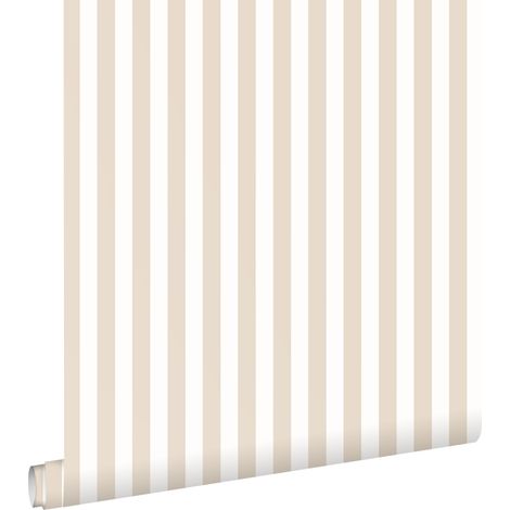 Papier peint intissé à rayures beige et blanc – Dimensions 53cm x 10,05m – Raccord libre – Colle professionnelle recommandée – Estahome (1/5)