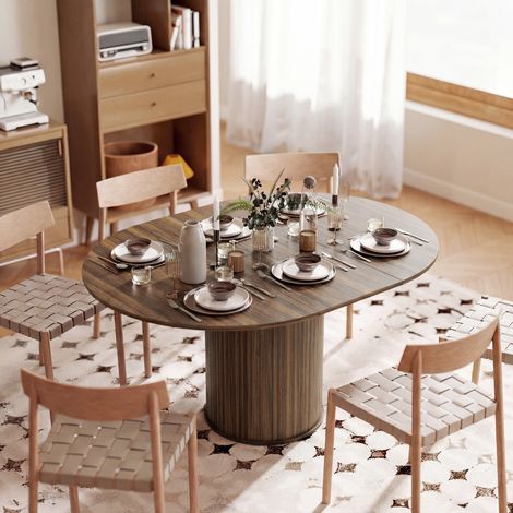Table à Manger Extensible 6-8 Personnes, 110-150 cm, Ovale Piètement Central Rond, Noyer (1/5)