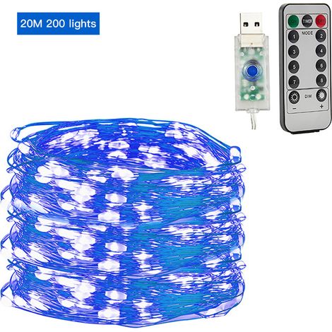 Guirlande lumineuse USB en fil de cuivre, 8 fonctions, guirlande lumineuse basse tension en forme d'étoile, décorations de Noël, guirlande lumineuse LED (bleue), 20 mètres, 200 lumières - télécommande (1/2)
