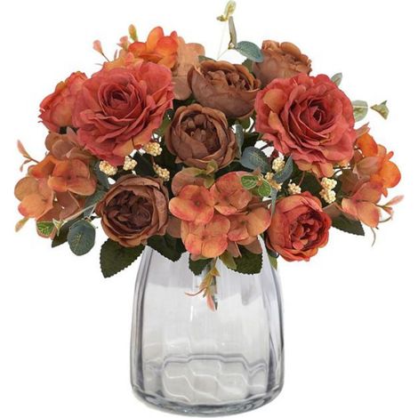 Fleurs Artificielles - Pivoines - 4 Bouquets - Couleurs Automne - Style Vintage - Plastique - Pour Intérieur