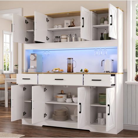 Aparador alto para comedor 150 x 40 x 180 cm, chipboard, blanco y roble, con LED, enchufes USB (1/5)