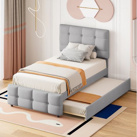 Cama nido tapizada 90x200 cm gris, lino y MDF con cabecero regulable (1/5)