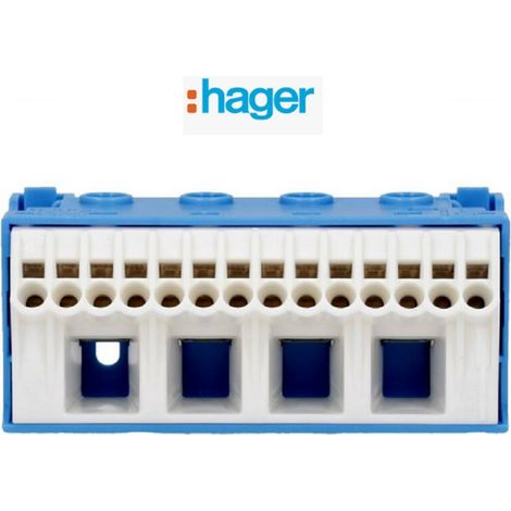Hager – Bornier de Neutre sans vis 14x4 mm² – 4x25 mm² avec raccords en cuivre – Ampérage 63A – Dimensions 75x34x33mm (1/4)