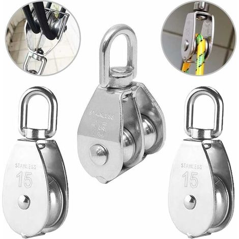 3PCS Poulie Double inox pivotant Double poulie,Poulie de Levage Rouleau de Chargement,Poulie en Acier Inox,Poulie Simple Bloc,Poulie Simple en Acier Inoxydable,Poulie de levage (1/4)