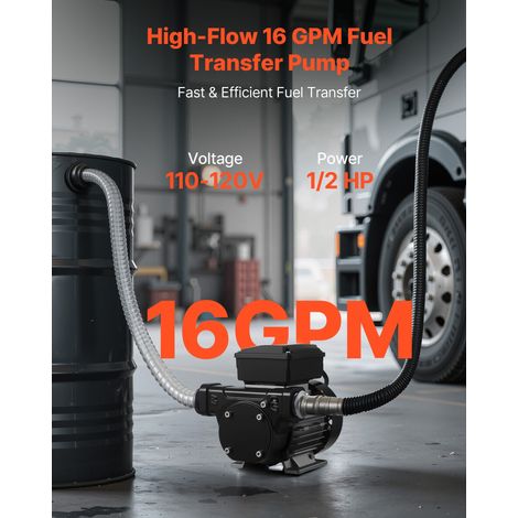 Pompe Transfert Carburant 230 V CA Pompe Transfert Diesel Électrique 60 L/min, avec Pistolet de Carburant à Arrêt Automatique, 2 Tuyaux, Hauteur de Refoulement 13,7 m, pour Kérosène, Biodiesel (1/5)