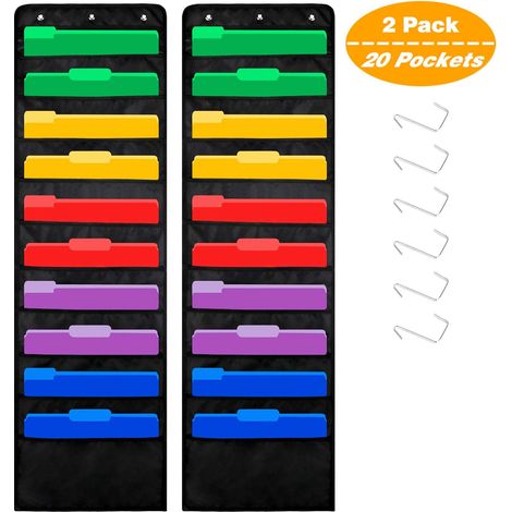 Organiseur mural premium à 20 pochettes pour dossiers suspendus, classement de documents de bureau (revues, dossiers, etc.), organisation pour l'école, la maison ou la salle de classe (lot de 2) (1/5)