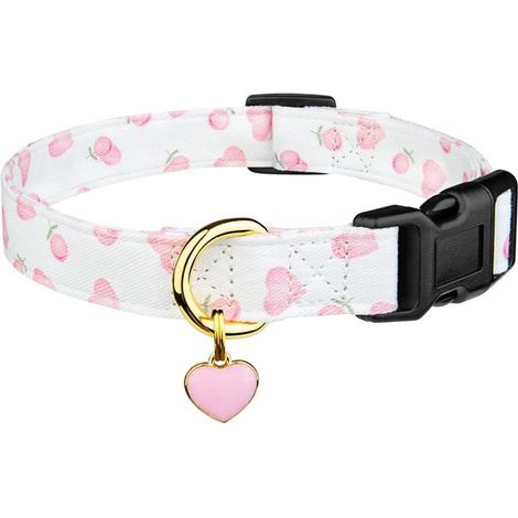 Collier réfléchissant pour chien et chat, taille M 2 x 50 cm, tour de cou 32-50 cm, fermeture de sécurité, imperméable, motifs blanc et rose avec pendentif cœur (1/5)