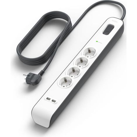 Belkin, Ciabatta Multipresa con USB, 4 Prese, 2 Porte USB-A, Cavo 2 m, Protezione Sovratensioni