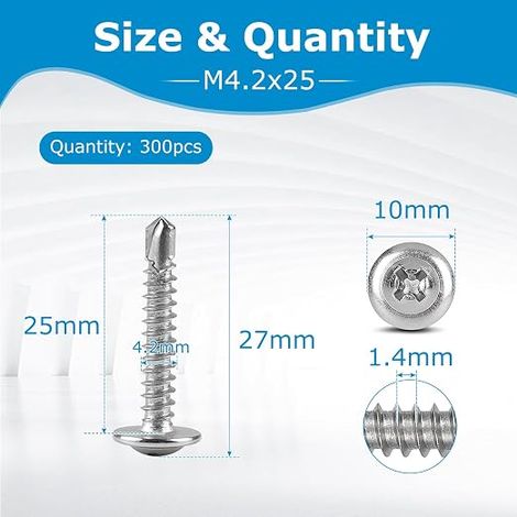 M4.2mm x 25mm 410 Stainless Steel Self Tapping Screws, Flat Head Screws, Countersunk Self-Drilling Screws with Phillips Bits, Round Head, Silver Self-Drilling Screws (1/4)
