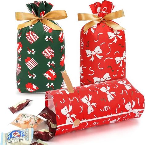 100 kleine Weihnachtsgeschenktüten, 15 x 23 cm, 2 verschiedene Muster, mit Standboden und Kordelzug (1/5)