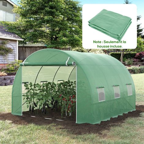 Outsunny Bâche de Rechange Serre Tunnel 9m² – PE Anti-UV Imperméable, 6 Fenêtres + Porte Zippée, Vert Foncé