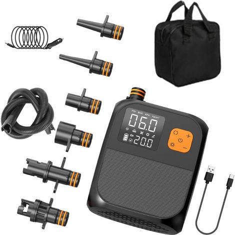 Pompe de SUP électrique haute pression 25 PSI, batterie 8000 mAh, pompe à air portable avec 6 buses et lumière LED pour bateau gonflable, planche de surf, planche de stand-up paddle, matelas