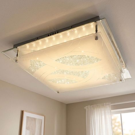 Lampada da soffitto per camera da letto, soggiorno, sala da pranzo, in vetro satinato cromato, decoro quadrato, 1 LED 20W 1200Lm 3000K, HxLxP 8x43x43 cm (1/5)