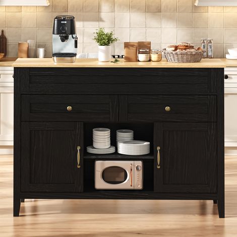 Îlot de cuisine avec table à manger extensible, meuble de cuisine avec plan de travail aspect bois clair, deux tiroirs compartimentés, portes et rangements ouverts, idéal pour la cuisine et la salle à (1/5)