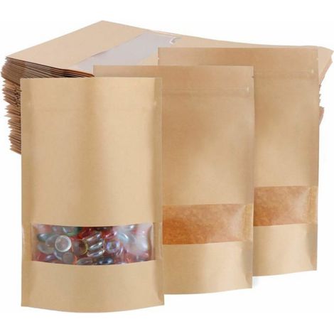 Lot de 60 Sacs papier kraft, Fermeture éclair, Fenêtre transparente, Réutilisables, Stockage aliments (1/5)