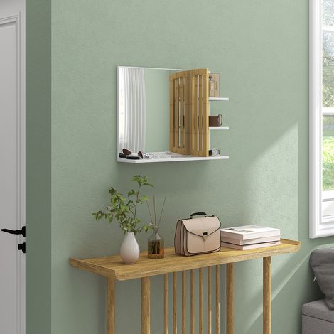 Badezimmer-Wandspiegel mit 3 seitlichen und 1 unteren Ablage aus Bambus, 45 x 15 x 58,5 cm, weiß