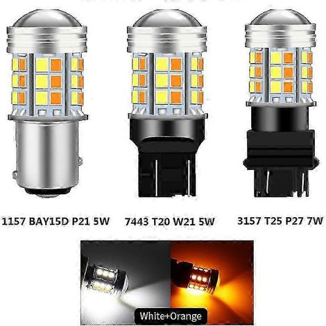 Ampoule LED bicolore 1157 BAY15D P21/5W T20 7443 W21/5W T25 3157 P27/7W pour feux de jour et clignotants, compatible avec les phares de voiture (12 V). Interrupteur. (1/5)