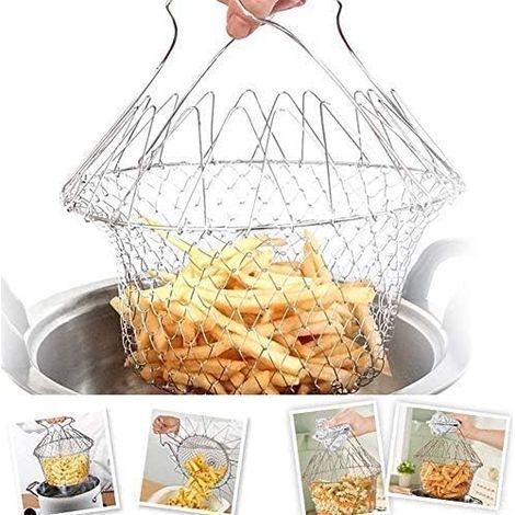 Panier à Frire - Panier de Chef en Acier Inoxydable, Tamis Cuisine Inoxydable Fry Extensible Chef Panier Cuisine, Vapeur de Rinçage Crépine Panier de Chef pour Frites Légumes Salades, (1/5)