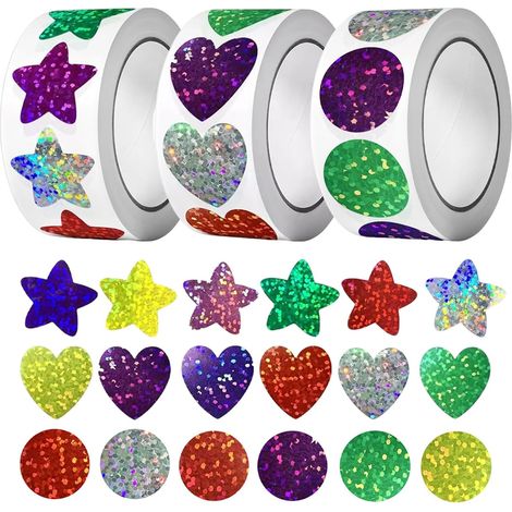 Pack of 1500 Colour Glitter Stars Stars and Love Stickers Roll, Glitter Sticker for Children's Reward in School Classroom, Self-Adhesive, Stickers Love for Party Decoration (1/5)