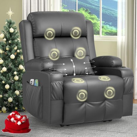 Fauteuil de détente, fauteuil TV, fauteuil de massage électrique inclinable avec fonction chauffante, repose-pieds, 2 poches latérales, porte-gobelet, ports USB et Type-C, PU gris foncé