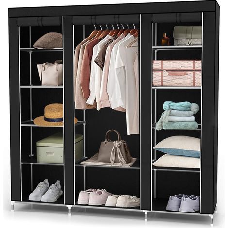 Armoire de Rangement Pliable 150x175x45 cm en Noir Corbeau - Penderie Dressing Textile en Tissu Intissé avec Fermeture à Glissière - Garde-Robe Placard Camping