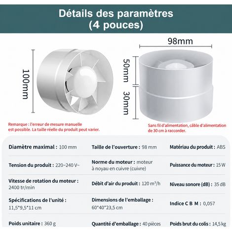 Extracteur d'air de conduit PVC 100 mm ventilateur de surpression câble 30 cm sans prise 4 100mm 30cm 1 kg – Livraison gratuite