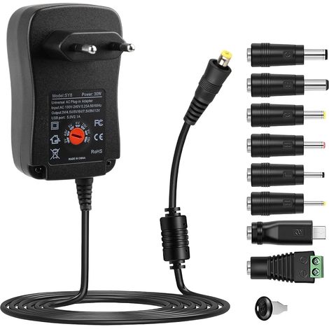 Chargeur Universel 30W Secteur 3V-12V, AC à DC 3V 4.5V 5V 6V 7.5V 9V 12V 2A Power Supply, Adaptateur Universel de Transformateur d'alimentation Découpage, avec 8 DC Connecteurs pour Router CCTV Cam (1/5)